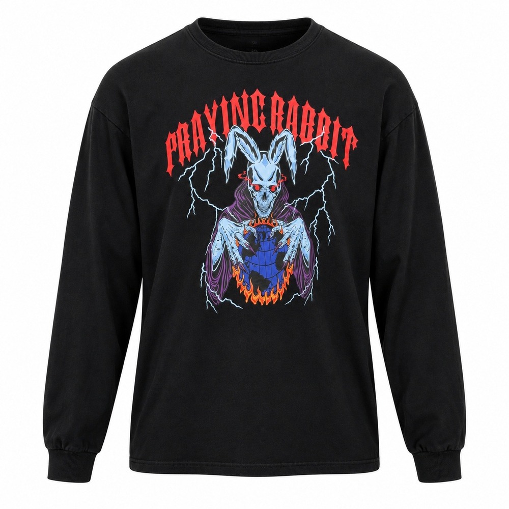 Praying Rabbit Mens Black Graphic Long Sleeve T-Shirt Skull Bunny Streetwear 2XL